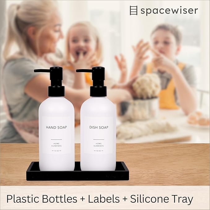 Plastic Soap Dispenser Set - PET Plastic Dish Soap Dispenser for Kitchen, Hand Soap Lotion Bottles with Pump Dispenser for Bathroom, Includes 8 Waterproof Labels, 16 oz, Black Silicone Tray