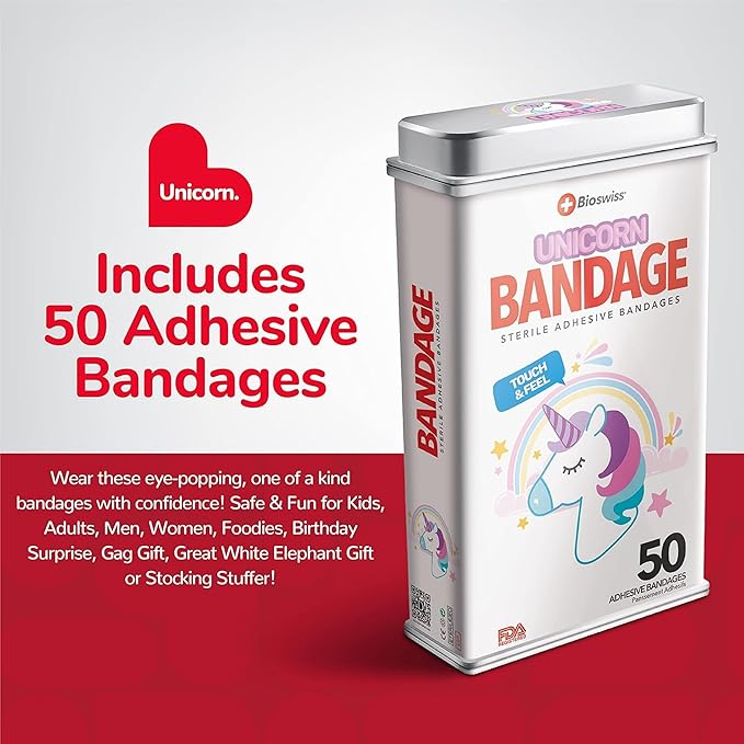 BioSwiss Kids Bandages, Unicorn Shaped Self Adhesive Bandage Set, Latex Free, Sterile Wound Care, 50 Count