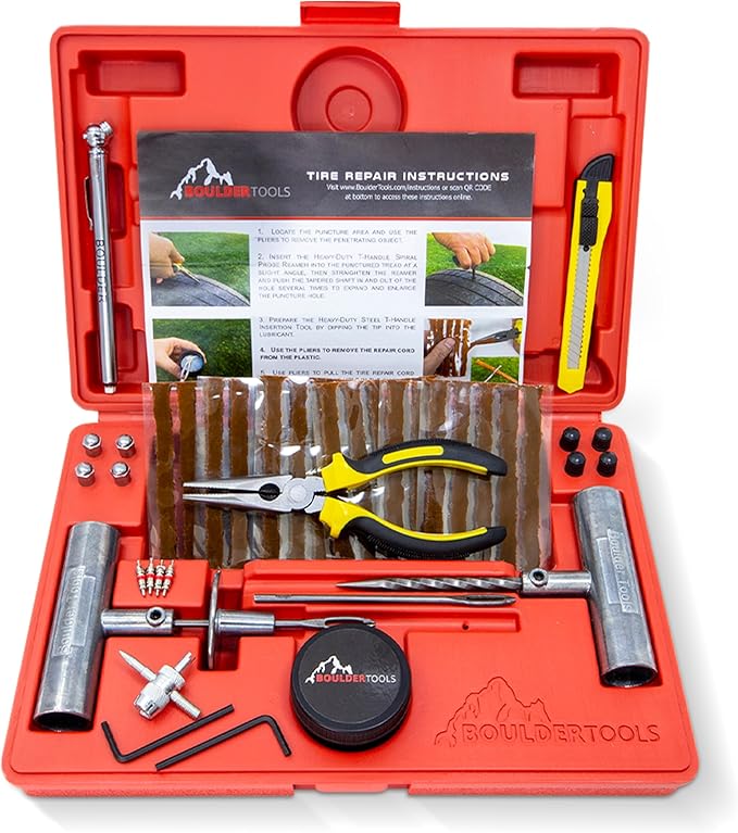 Tire Repair Kit by Boulder Tools - Heavy Duty Plug Kit for Cars, Trucks, Motorcycles, ATVs - Complete Flat Fix Automotive Tools Set with Storage Case, Valve Tool, Pliers, and Repair Plugs