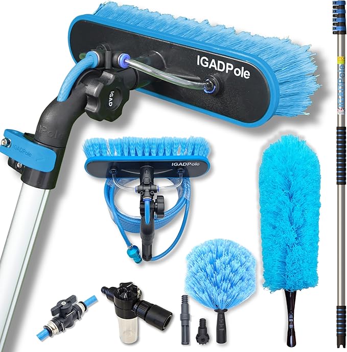 23ft IGADPole Washing Kit: Water-fed Brush with Soap Dispenser, Cobweb Dusters, with 4-Stage Telescoping Pole 5-17ft Pole/Window and Dusting Cleaning Kit