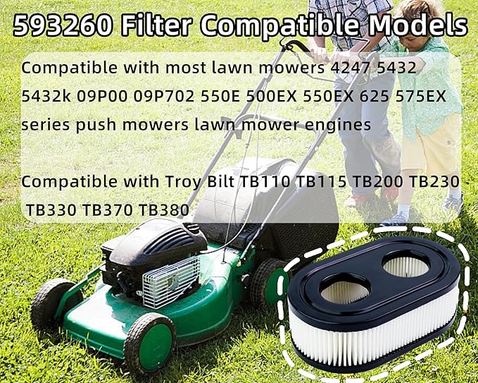 593260 Lawn Mower Air Filter, 798452 334404 Air Cleaner Replacement Filter Fit for 4247 5432 5432k 09P00 09P702 550E 500EX 550EX 625 Series Engine, Compatible with Troy Bilt TB110 TB200 TB230 (12PCS)