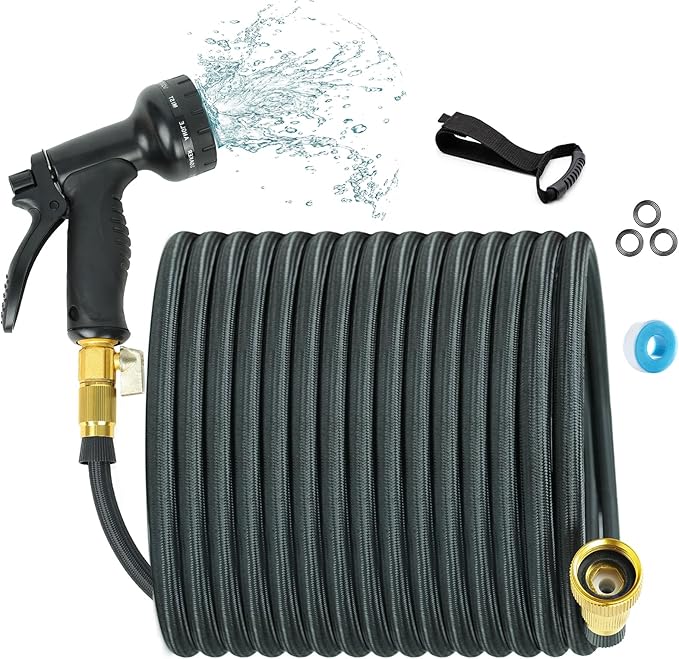 Non-Expandable Garden Hose 100 ft, Flexible Water Hose with 10 Function Nozzles, Leak-Proof Design High-Density Fabric&Shut-Off Valve, Hose Straps Garden Hose Pipe for Car Wash, Yard, Camper, Lawn