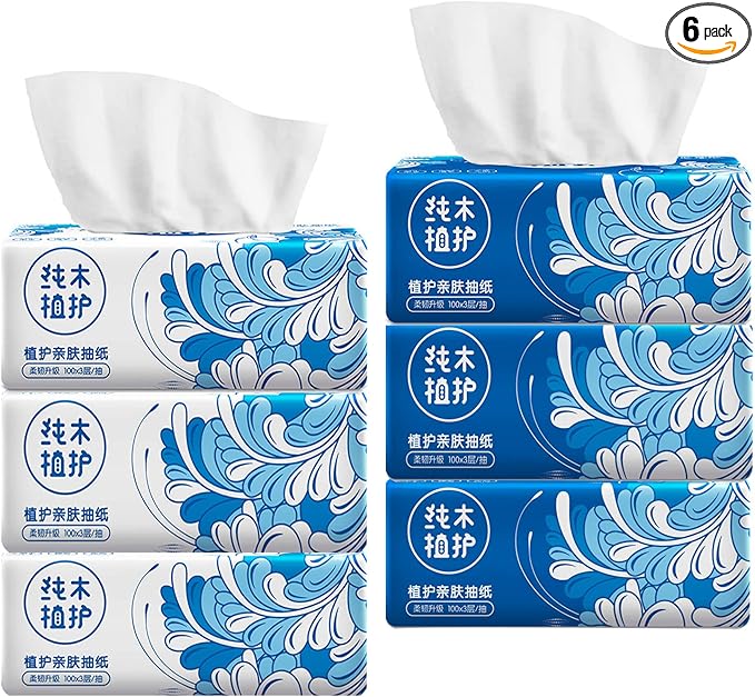 Pack of 6, Small Facial Tissues, Toilet Paper, Disposable Napkins, Material Wood Pulp Fiber NOT COTTON, White Facial Paper Tissue, 3-Ply, 300 Sheets per Pack