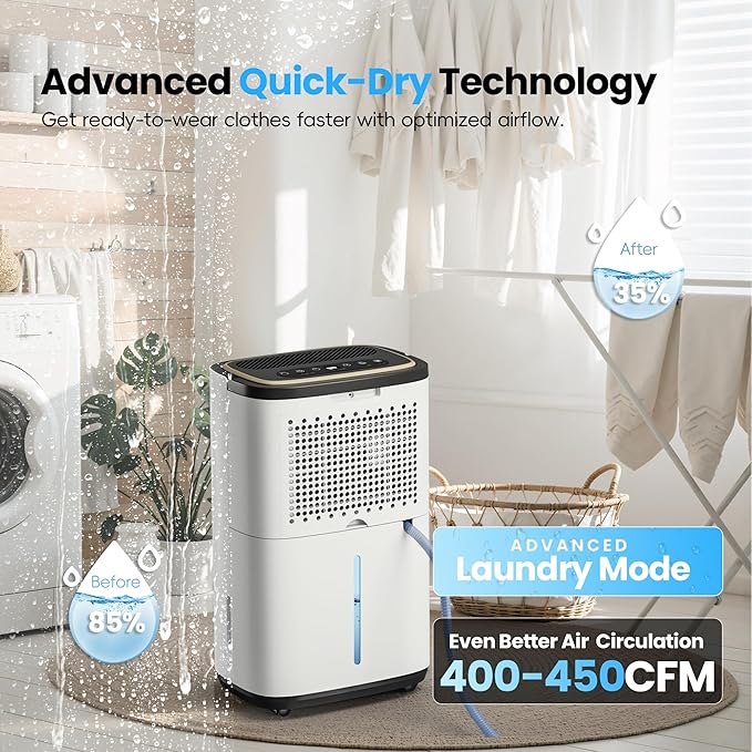 3400 Sq.Ft Dehumidifier, 34PT/24H Dehumidifiers with Drain Hose for Home, Large Compressor Dehumidifier for Basement/Laundry/Bedroom/Office, Dehu/Dry/Air Mode, Humidity Display/Timer/Child Lock