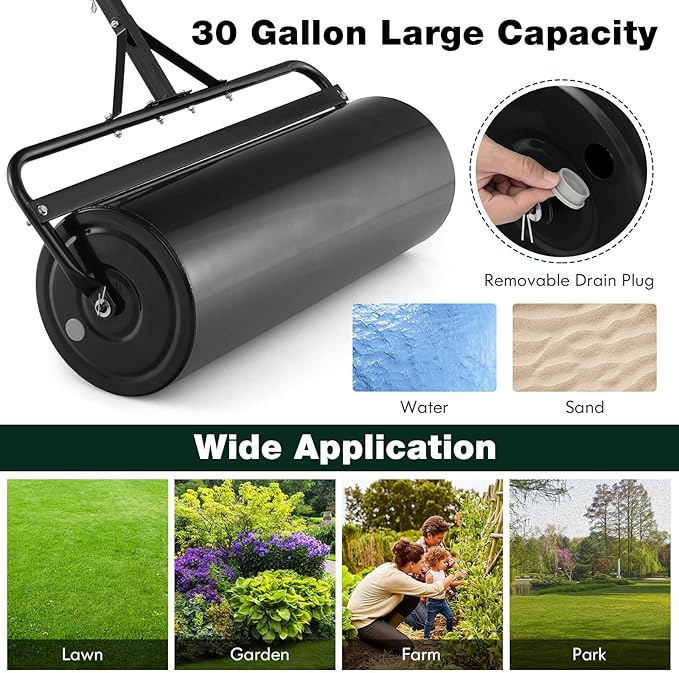 Goplus Lawn Roller, Push/Tow Behind Lawn Roller, 30 Gallon/113L Water Sand Filled Sod Roller Drum Roller with Detachable Gripping Handle, Yard Roller Pull Behind a Tractor for Garden Yard Park Farm