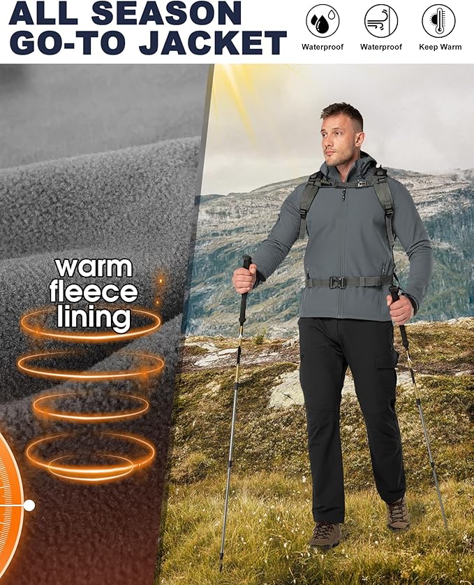 33,000ft Men's Hooded Softshell Jacket Waterproof Lightweight Insulated Windbreaker Fleece Lined Rain Shell Jacket