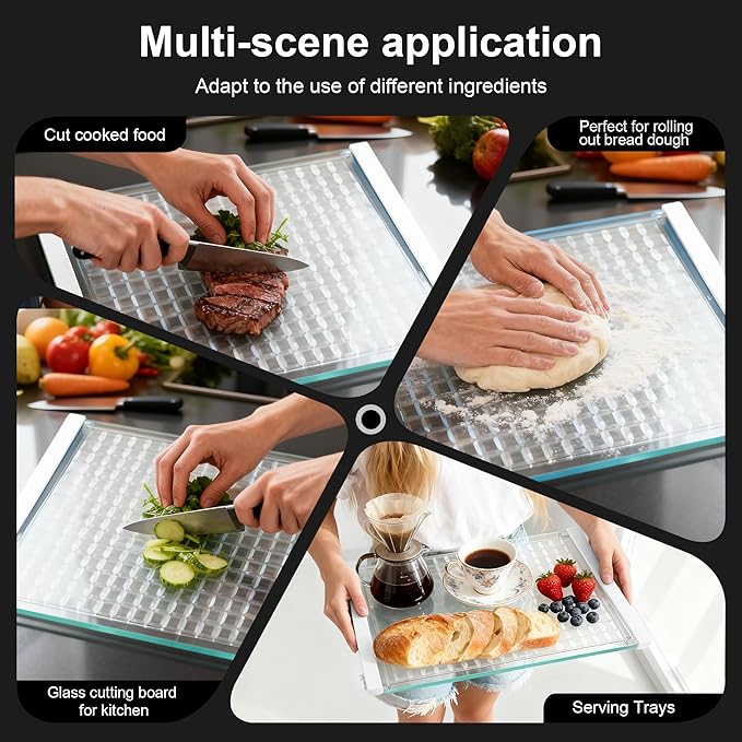 Geometric Relief Tempered Glass Cutting Board for kitchen with Juice Groove, Modern Stylish Non-Slip Glass Chopping Board for Kitchen,Serving Trays for Party,Dishwasher Safe & Easy to Clean