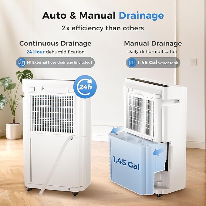 6,500 Sq Ft Smart Home Dehumidifier with Drain Hose, 1.45 Gallons Water Tank, 24 Hr Timer, 60 Pints, High Efficiency Compressor for Large Rooms,Basements, Bathrooms and Bedrooms
