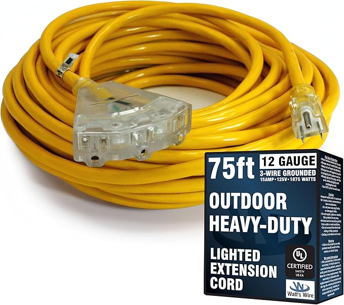 75 ft Outdoor Extension Cord Waterproof - 12 Gauge Heavy Duty Extension Cord Splitter - Lighted Outdoor Extension Cords with Multiple Outlets - Watts Wire - 75' Grounded - extensiones electricas