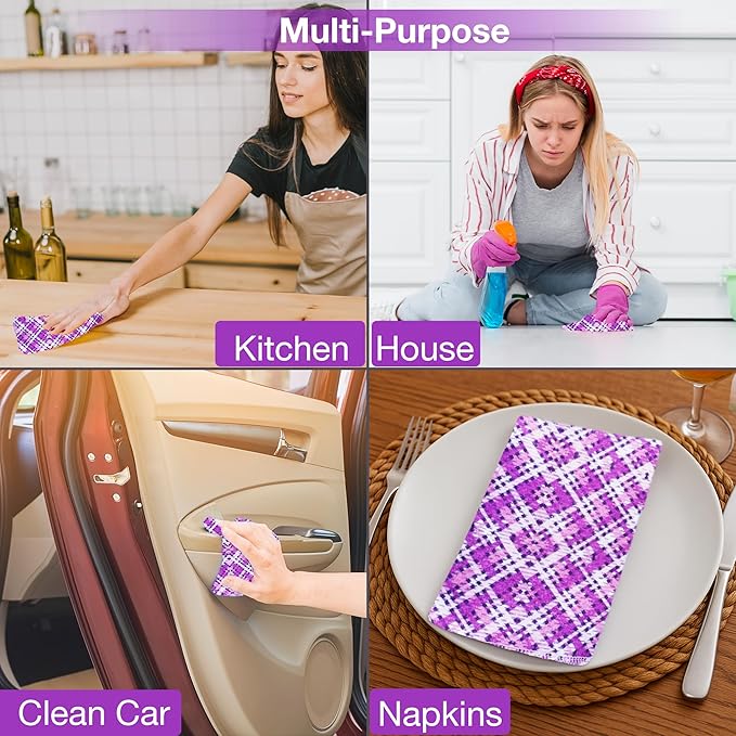 Pack of 10 Reusable Paper Towels | 10x10 Inch Cotton Towels | Kitchen Utensils Print | Eco Friendly, Washable, Quick Drying | Sustainable Cleaning Cloths | Purple Chex