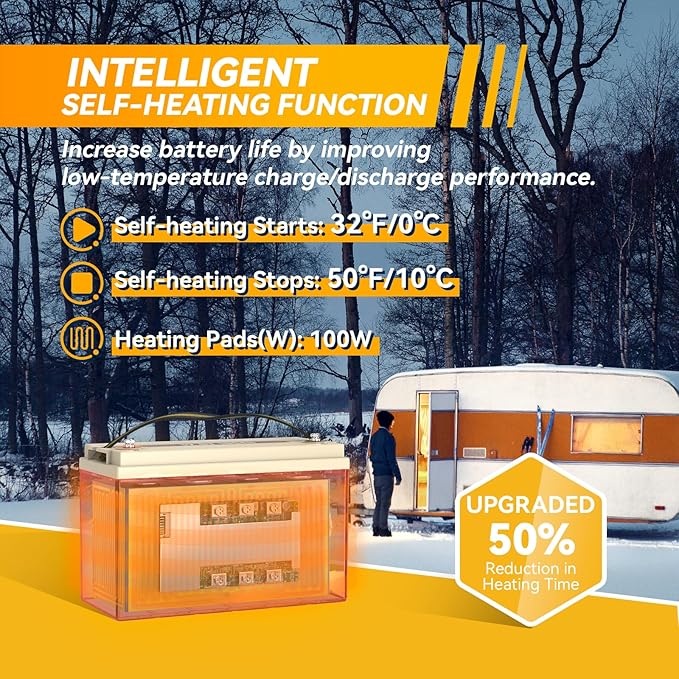 Power Queen 12V 100Ah LiFePO4 Battery Upgrade Auto-Heating, Built-in 100A BMS, Low Temp Protection, 2X Heating Efficiency, -4°F/-20°C Charging, Perfect for RV, Off-Grid System, Trolling Motor