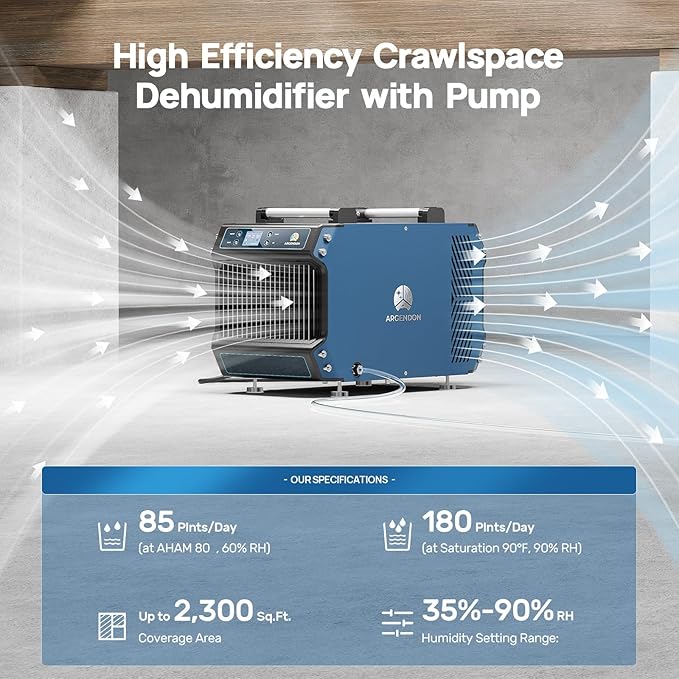 ARGENDON 180 Pints Crawlspace Dehumidifiers with Pump and Drain Hose, Commercial Dehumidifier for Basement, Industrial Large Spaces, Basement, Job Sites, cETL, 5-Year Limited Warranty