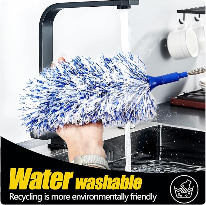 20-49inches Extendable Microfiber Feather Duster with 10pcs Replaceable Heads, Extra Long Bendable Duster for Cleaning, Electrostatic Dust Remove for Furniture, Ceiling, Window,etc (Navy Blue)