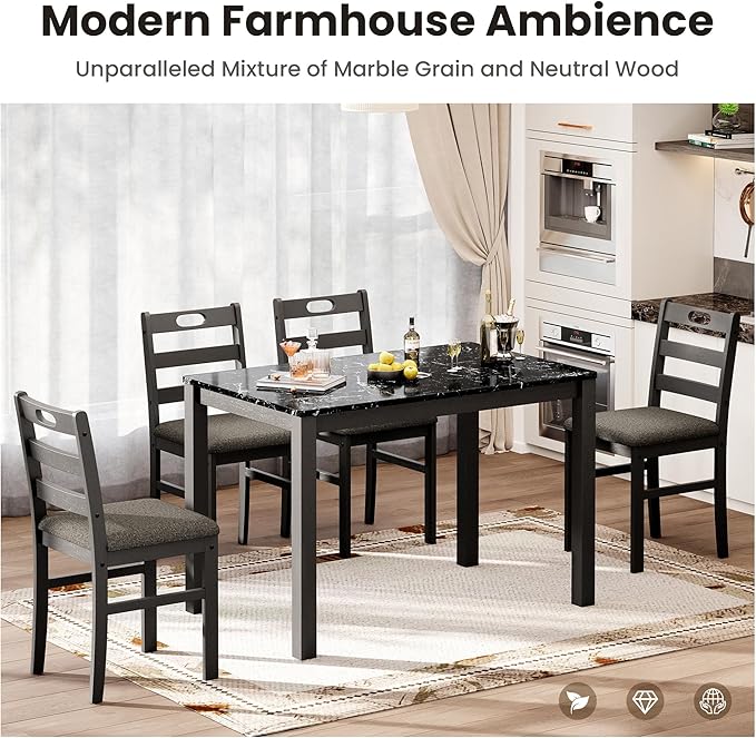PHI VILLA Dining Table Set for 4, Modern Farmhouse Kitchen Table Set, Faux Marble Dining Table and 4 Cushioned Chairs, Solid Rubber Wood Dining Room Table Set, Veined Black Marble& Gray