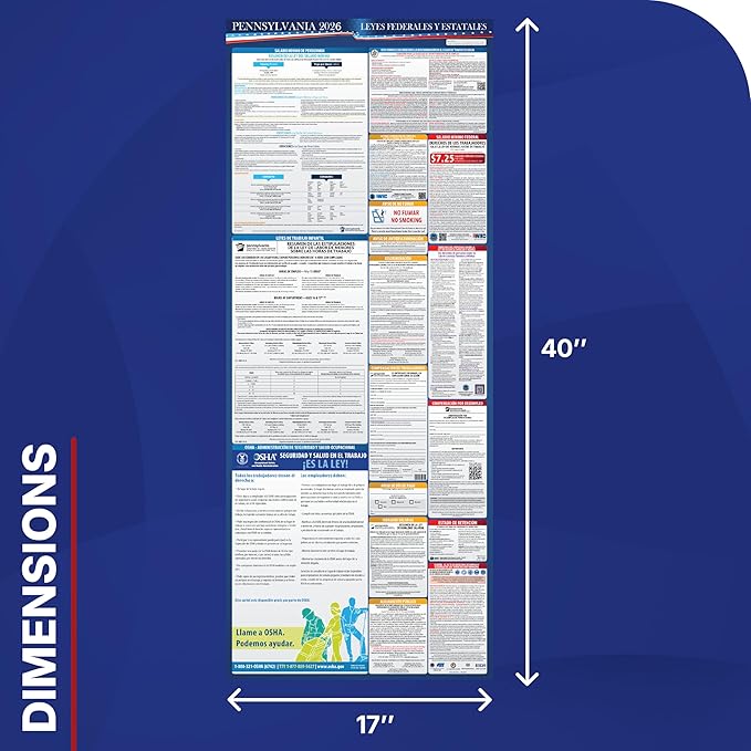 2026 Pennsylvania State and Federal Labor Laws Poster - English Spanish Combo - OSHA Workplace Compliant - Mandatory Regulations Posting for Employees - All-In- One Required Compliance Posting 17" x 40" - Laminated (English & Spanish Combo)