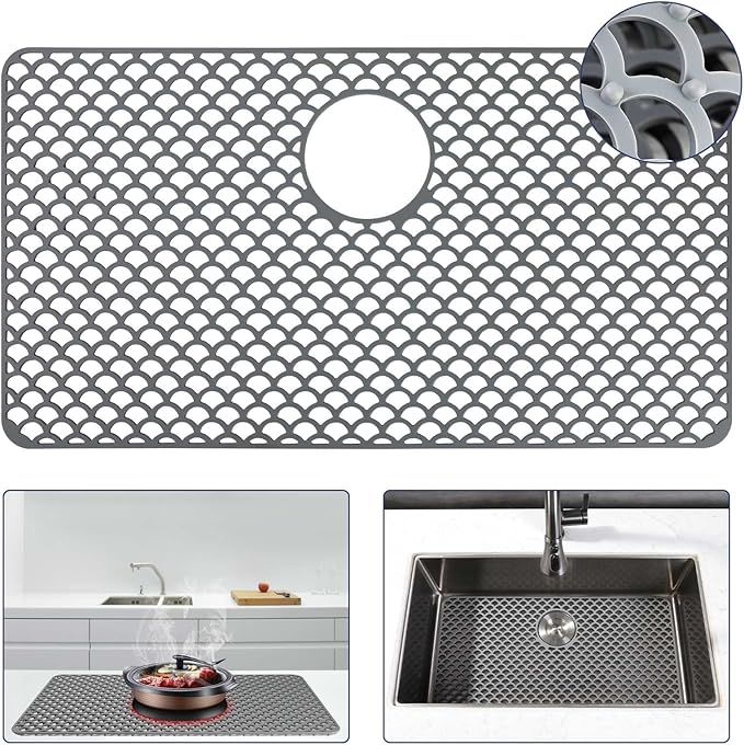 Silicone Sink Protector - 28"x15" Rear Drain Hole, Heat Resistant Non-slip Dishwasher Suitable, Large Sink Mat for Farmhouse Kitchen