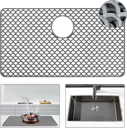 Silicone Sink Protector - 28"x15" Rear Drain Hole, Heat Resistant Non-slip Dishwasher Suitable, Large Sink Mat for Farmhouse Kitchen