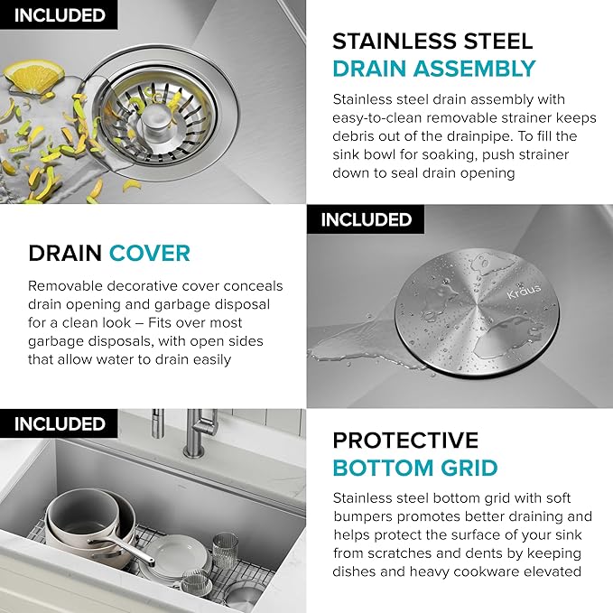 KRAUS Kore Workstation 30-inch Undermount 16 Gauge Stainless Steel Kitchen Sink, Single Bowl Kitchen Sink with Accessories, KWU110-30