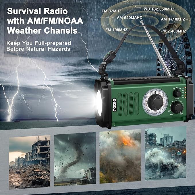 Crank Emergency Weather Radio, Solar Hand Crank Portable AM/FM/NOAA Weather Radio,Dynamo Radio,Crank Flashlight&Reading Lamp,Earphone Jack, SOS,Compass for Hurricane Storm Camping Outdoor Survival Kit