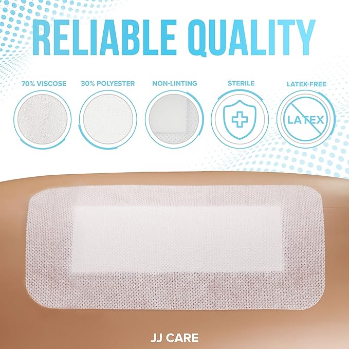 JJ CARE Adhesive Island Dressing [Pack of 25], 4” x 8” Sterile Bordered Gauze, Breathable Island Wound Dressing, Individually Wrapped Adhesive Gauze Bandages with Non-Stick Central Pad