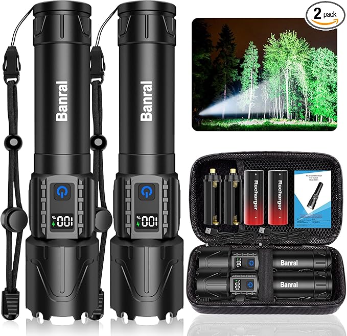 Rechargeable Tactical Flashlights High Lumens - 5000mAh Super Bright LED Powerful Flash Light, Waterproof Handheld USB C Flashlight for Home,Car,Camping,Emergency,Stocking Stuffer for Men (2, Black)