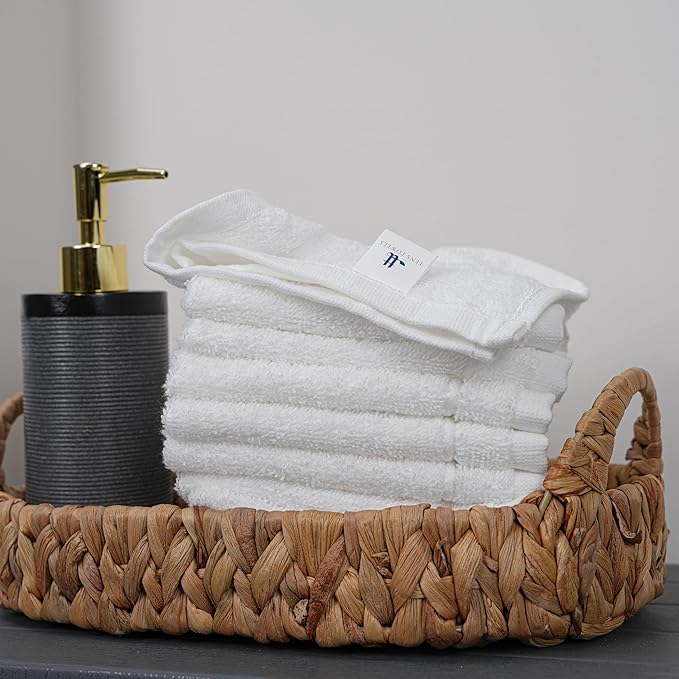 Tens Towels Pack of 12 Washcloths, 12 x 12 Inches, Lighter Weight, Quick to Dry, Super Soft & Absorbent, Gentle Face Towels, Hotel Quality, Perfect for Bathroom, Gym, Spa (White, 12 Pack)