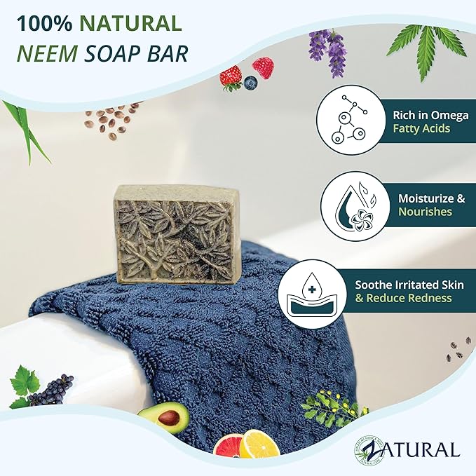 Zatural Neem Soap Bar Ultra-Sensitive Skin-Soothing Therapy for Skin Irritation, Itching, Flaking, and Dryness (3 Count)