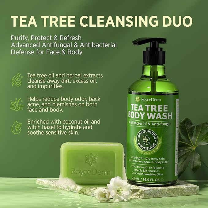 Roycederm Tea Tree Antifungal Body Wash & Soap: Bundle for Body Odor, Back Acne, Folliculitis, Tinea Versicolor, Jock Itch, Athlete’s Foot, and Ringworm - Cleansing with tea tree oil for Men & Women
