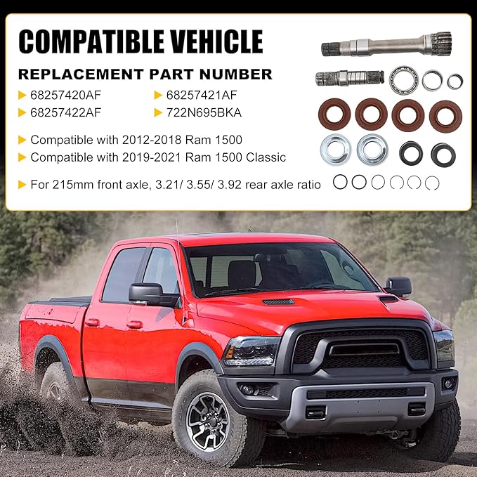 Front Differential Axle Intermediate Shaft Kit Compatible with 2012-2021 Dodge Ram 1500 Inner Axle Shaft Rebuild Kit Replaces 68146594AB 68146594AA 68257420AF 68257421AF 68257422AF 722N695BKA