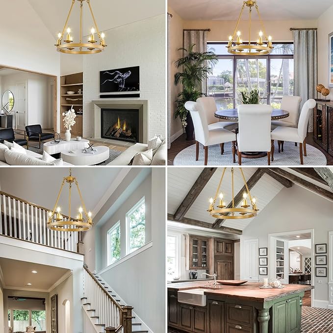 Wagon Wheel Chandelier, 6-Light Gold Modern Rustic Farmhouse Chandelier Adjustable Height Pendant Kitchen Light for Ceiling Hanging Dining Room, Living Room, Entryways, Foyer