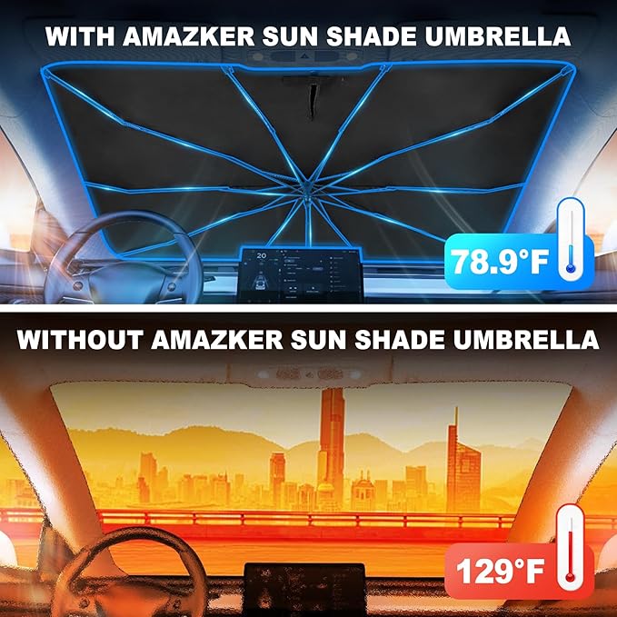 [2025 Upgrade] Car Windshield Sun Shade Umbrella - [10 Fiberglass Ribs][360° Bendable][100% Sun Block] [240T Thickened Titanium Silver ] Ice-Shield Protect Car from Sun Rays Heat Damage 57" x 31"