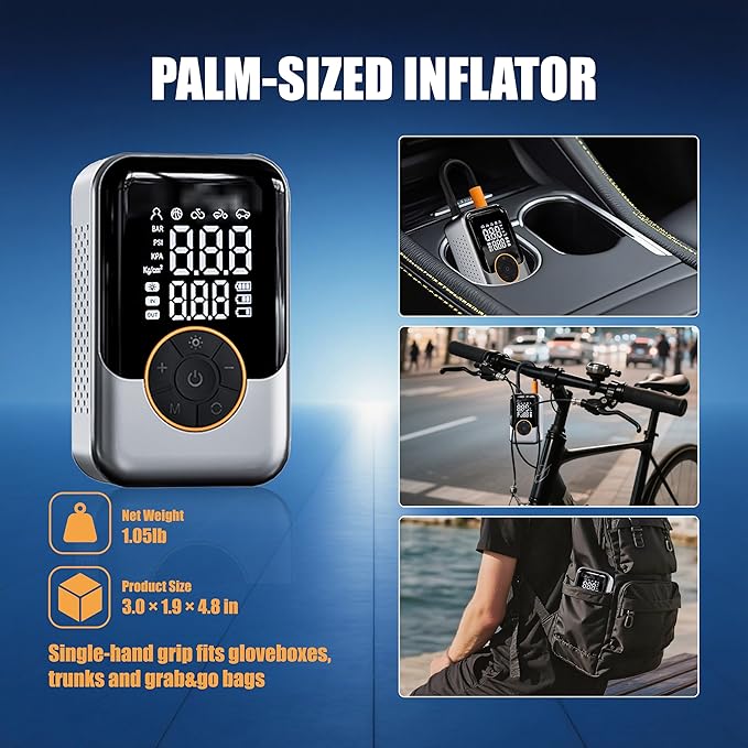 Portable Tire Inflator, Handheld with LCD Display & Auto Shut-off, Built-in Flashlight, Dual Power Modes, for Car/Bike/Motorcycle/Inflatables