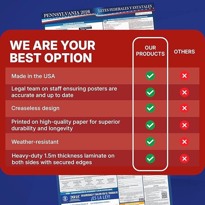 2026 Pennsylvania State and Federal Labor Laws Poster - English Spanish Combo - OSHA Workplace Compliant - Mandatory Regulations Posting for Employees - All-In- One Required Compliance Posting 17" x 40" - Laminated (English & Spanish Combo)