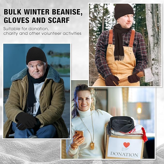 Unittype 300 Pcs Winter Beanies Gloves Scarf Set Bulk 100 Knit Skull Cap 100 Pair Winter Gloves 100 Neck Warmer for Men Women