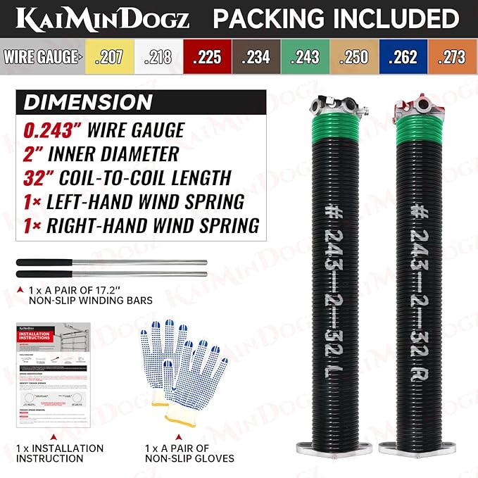 Pair of 2" Garage Door Torsion Springs Set with Non-Slip Winding Bar & Gloves,High Precision Electrophoresis Black Coated, for Replacement & Installation, MIN 16,000 Cycles (0.243x2''x32'')