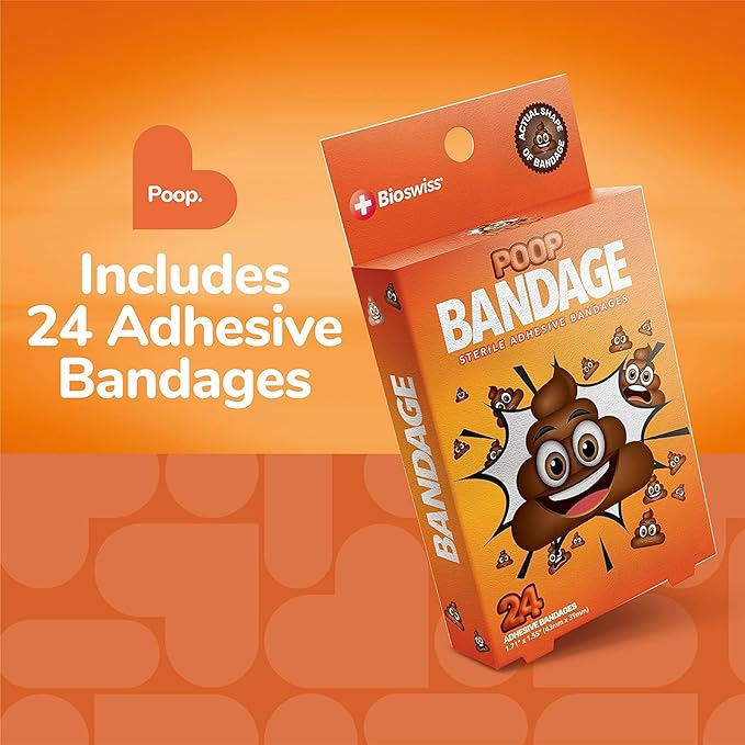 BioSwiss Kids Bandages, Poop Shaped Self Adhesive Bandage Set, Latex Free, Sterile Wound Care, 24 Count