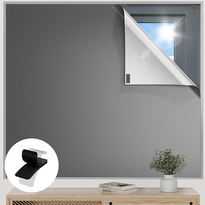 Blackout Curtains for Bedroom, 85" x 57" Temporary Blackout Shades for Windows, Portable Black Out Blinds Screen with 20 Loop & Hook, 100% Black Out Window Cover Film for Baby Nursery Travel RV - Grey