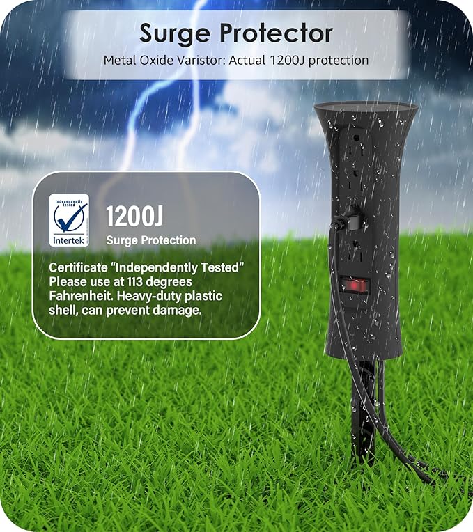CCCEI Outdoor Power Strip Weatherproof with Stake, Waterproof Extension Cord with Multiple Outlets, Christmas Exterior Garden Decor, Yard, Camping, 4 Plugs, Surge Protector 6FT, Black.