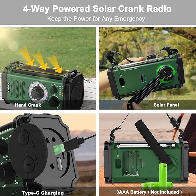 Crank Emergency Weather Radio, Solar Hand Crank Portable AM/FM/NOAA Weather Radio,Dynamo Radio,Crank Flashlight&Reading Lamp,Earphone Jack, SOS,Compass for Hurricane Storm Camping Outdoor Survival Kit