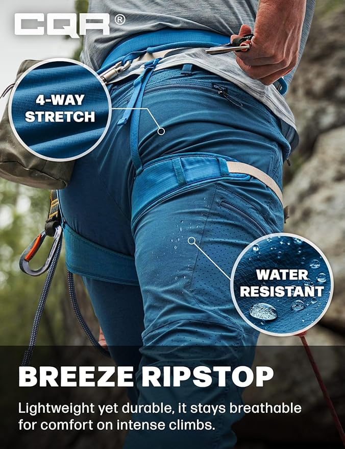 CQR Men's Lightweight Vent Hiking Pants, Water-Resistant & Breathable Sports Outdoor Athletic Pants with Elastic Waist