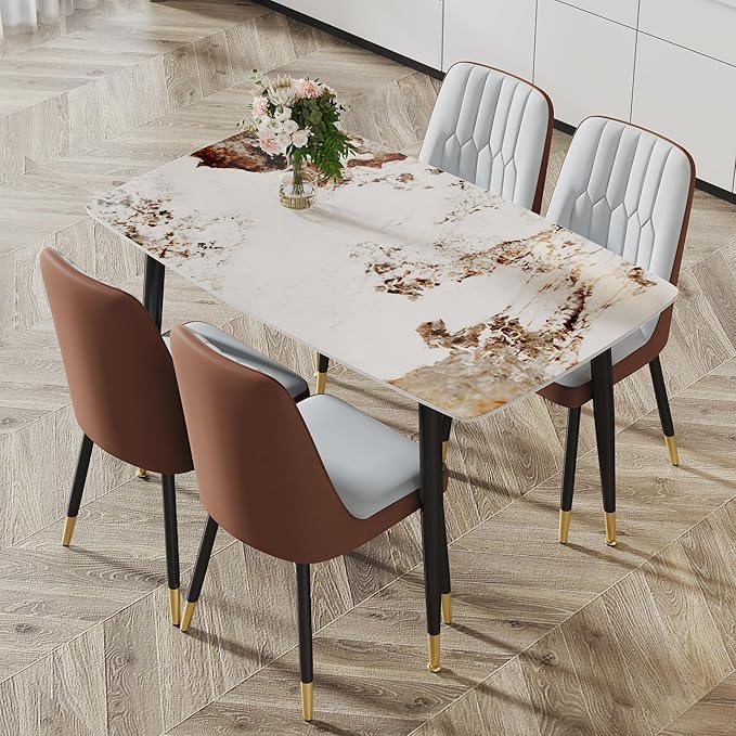 Modern Sintered Stone Dining Table Set - 50" Rectangular Faux Marble Kitchen Table with 4 PU Leather Chairs (1 Faux Marble Table + 4 Gray and Brown Chairs)