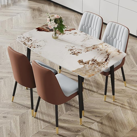 Modern Sintered Stone Dining Table Set - 50" Rectangular Faux Marble Kitchen Table with 4 PU Leather Chairs (1 Faux Marble Table + 4 Gray and Brown Chairs)