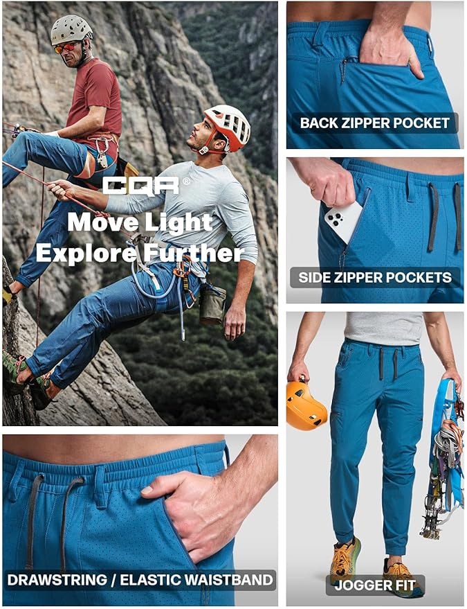 CQR Men's Lightweight Vent Hiking Pants, Water-Resistant & Breathable Sports Outdoor Athletic Pants with Elastic Waist