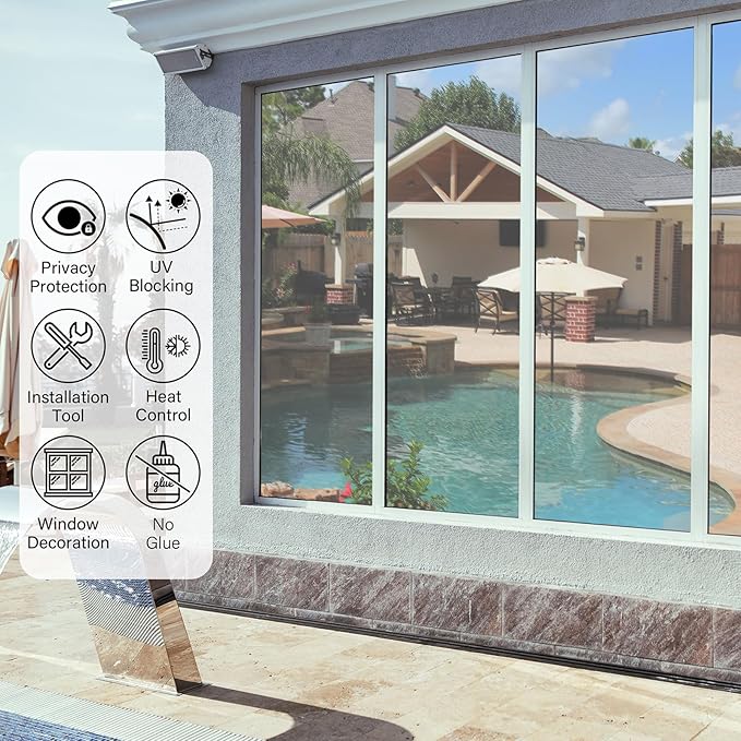Kromapolis One Way Window Privacy Film Reflective Mirror Home Window Tint, Daytime Privacy Heat Control Anti UV Glass Tinting Static Cling (Silver, 23.6 x 118.1 inch)