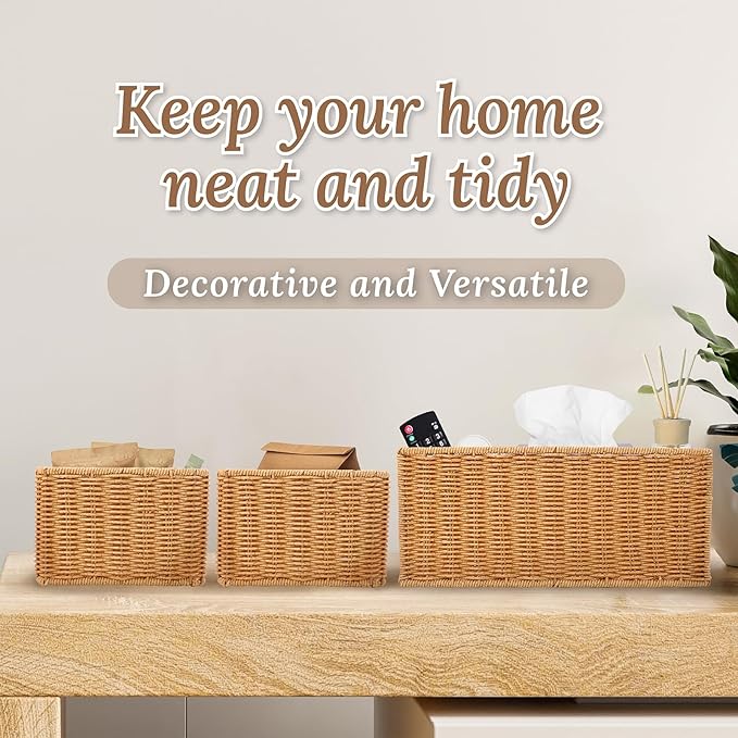 Wicker Basket with Handle, Shelf Baskets for Organizing, Woven Organization Storage with Handles, Resin Wicker Set of 3, Latte