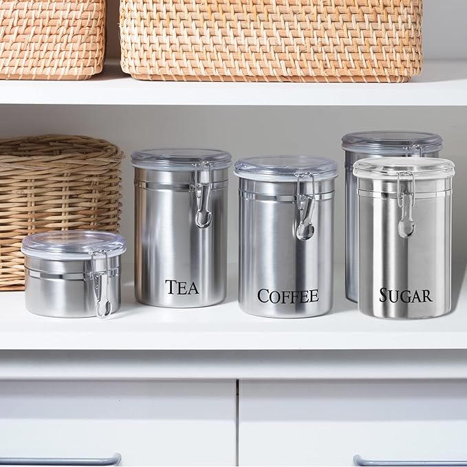 Oggi Stainless Steel Sugar Canister 62 fl oz - Airtight Clamp Lid, Clear See-Thru Top - Ideal Sugar Container for Countertop, Sugar Jar, Bulk Sugar Storage. Large Size 5" x 7.5".