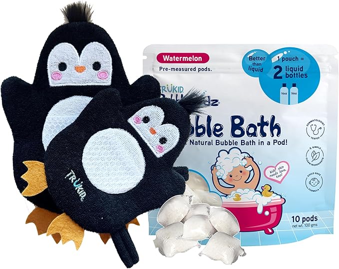 TruKid Watermelon Bubble Podz & BubbleGlove Set – Bubble Bath Pods and 2 Wash Gloves for Toddlers and Kids