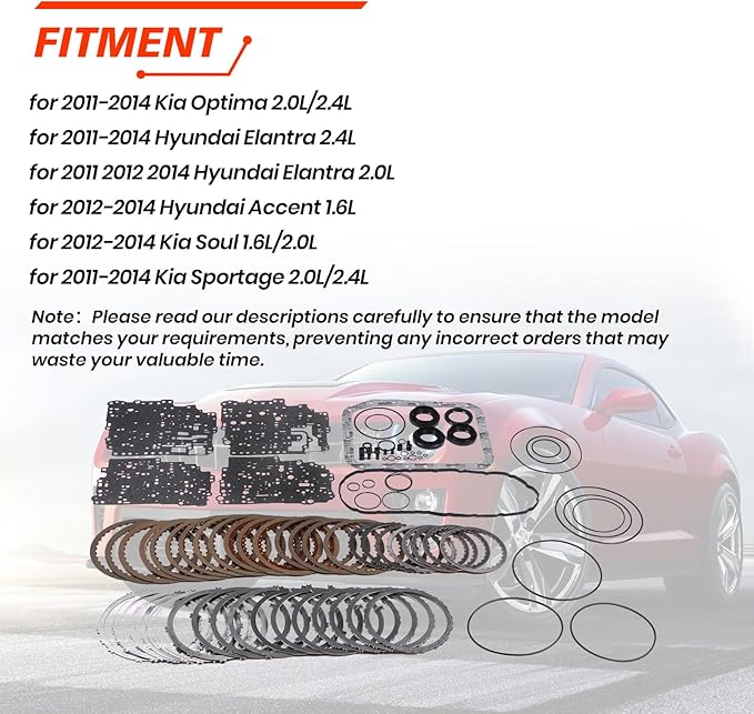 A6GF1 Transmission Master Rebuild Kit, Compatible with Hyundai Accent Elantra Kia Optima Soul 1.6L/2.0L/2.4L 2011-2014, Automotive Transmission Rebuild Overhaul Seals Set Replaces Parts