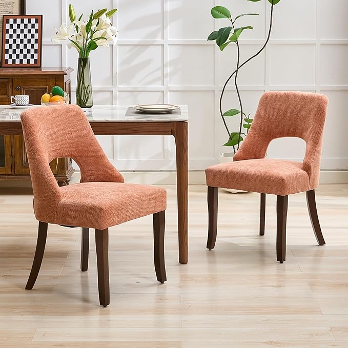 UVV Wooden Dining Chairs Set of 4, Mid Century Modern Upholstered Dining Room Chair Kitchen Chairs, Chenille Dinner Chair with Solid Wood Legs for Kitchen Dining Room, Orange-Chenille