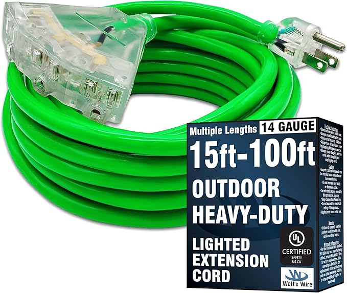 25 ft Outdoor Extension Cord Waterproof - 14 Gauge Heavy Duty Extension Cord Splitter - Lighted Outdoor Extension Cords with Multiple Outlets - Watts Wire - 25' Grounded - extensiones electricas